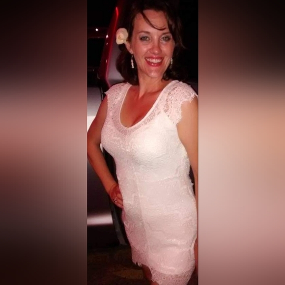 Solid FloralPrint Lace Trimed Bodycon Overlay Mini Dress White - Picture 2 of 12